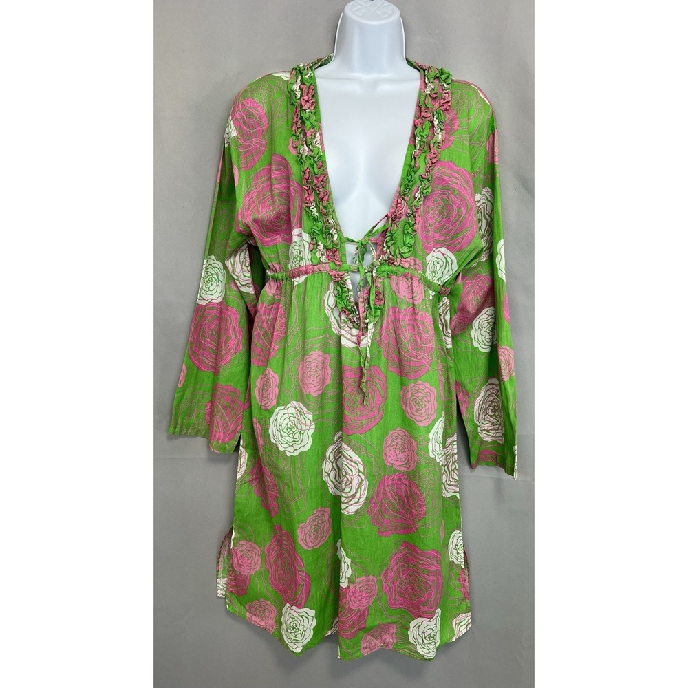 Mudpie Women's Sz M /L Pink Green & White Ruffled Beach Cover-up/Dress/Tunic